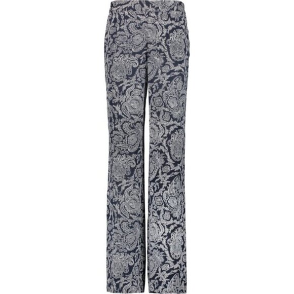 THEORY Mitrana Georgette Wide Leg Pant ~ 100% Silk Navy Blue Paisley Print Large - Picture 7 of 15